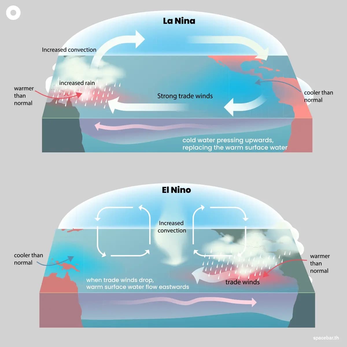 ภาพอธิบายปรากฏการณ์ ENSO (El Niño-Southern Oscillation) หรือปรากฏการณ์ความผันแปรของระบบอากาศในมหาสมุทรแปซิฟิกเขตศูนย์สูตร