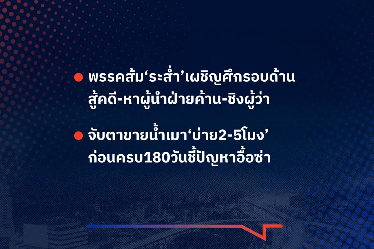 เรื่องมันมีอยู่ว่า พรรคส้ม‘ระส่ำ’เผชิญศึกรอบด้าน สู้คดี-หาผู้นำฝ่ายค้าน-ชิงผู้ว่า จับตาขายน้ำเมา‘บ่าย2-5โมง’ ก่อนครบ180วันชี้ปัญหาอื้อซ่า