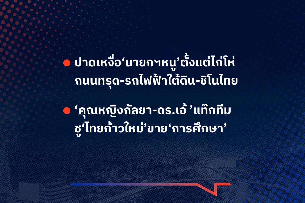 เรื่องมันมีอยู่ว่า ปาดเหงื่อ‘นายกฯหนู’ตั้งแต่ไก่โห่ ถนนทรุด-รถไฟฟ้าใต้ดิน-ชิโนไทย , ‘คุณหญิงกัลยา-ดร.เอ้ ’แท๊กทีม ชู‘ไทยก้าวใหม่’ขาย‘การศึกษา’