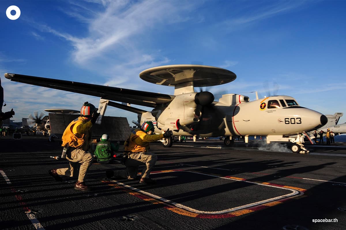 เครื่องบิน E-2D Hawkeye บนดาดฟ้าเรือบรรทุกเครื่องบิน USS Theodore Roosevelt ในมหาสมุทรแอตแลนติก เมื่อวันที่ 9 ต.ค. 2014 Photo by ANTHONY N. HILKOWSKI / US NAVY / AFP
