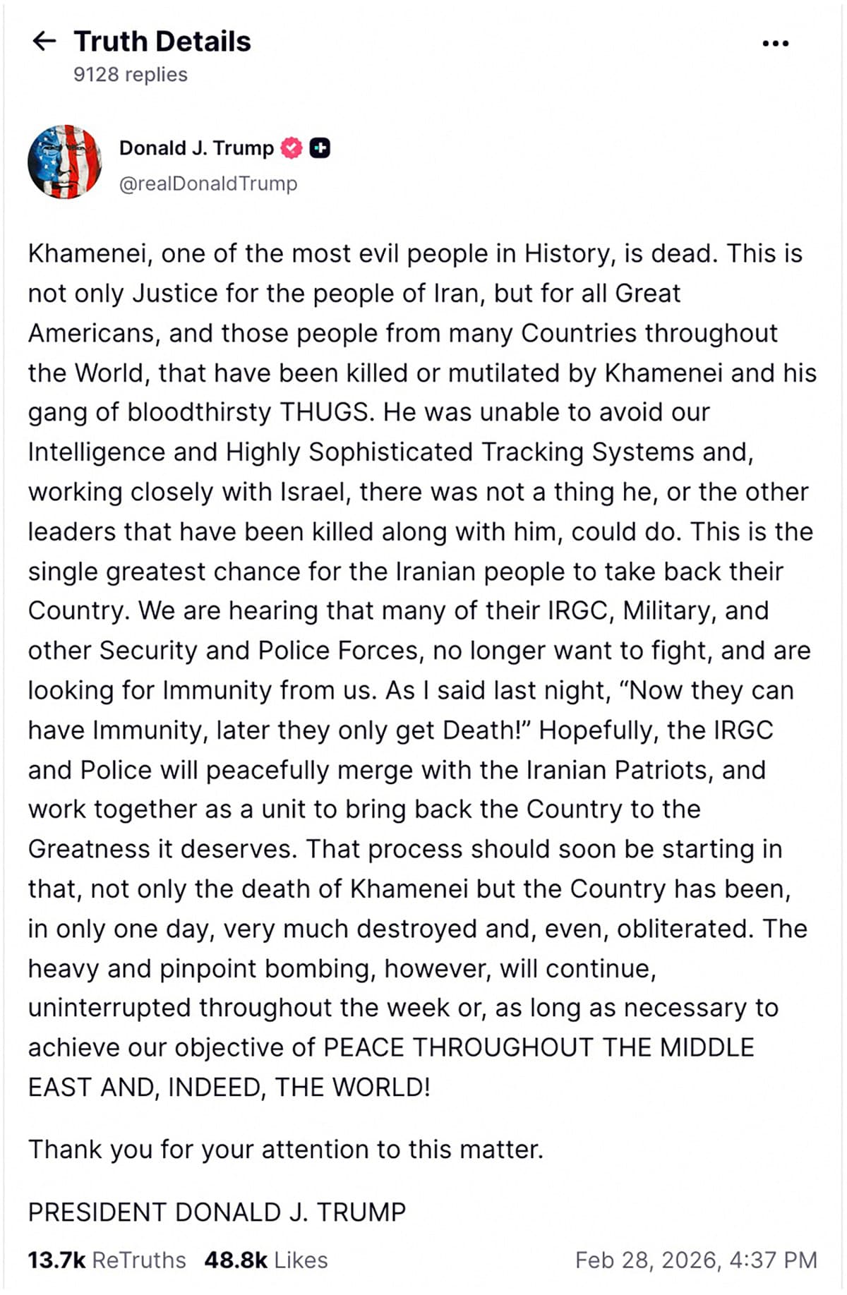 ทรัมป์ประกาศการเวียชีวิตของคาเมเนอีผ่าน Truth Social เมื่อวันที่ 28 ก.พ. 2025 ตามเวลาท้องถิ่น Photo by - / TRUTH SOCIAL @REALDONALDTRUMP / AFP