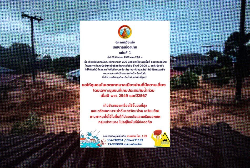 เตือนด่วน! ‘น่าน’ วิกฤตฝนถล่ม 200 มม.น้ำป่าทะลัก-สะพานขาด เร่งยกของขึ้นที่สูง-สำรองอาหารน้ำยา 3 วัน
