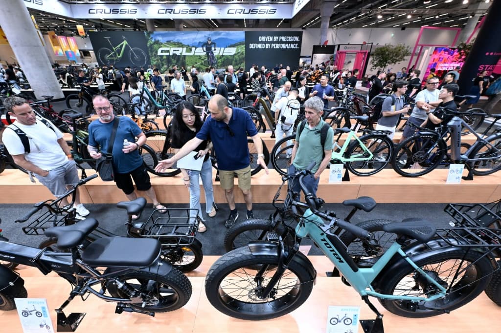 Electric bikes are on display at the booth of Totem Bikes at the EUROBIKE 2026 fair of the international bicycle industry in Frankfurt am Main, western Germany on June 24, 2026. According to the organisers, more than 1,500 exhibitors of the bicycle and ecomobility industry from 60 countries will present their products and services during the fair running from June 24 to June 27, 2026.