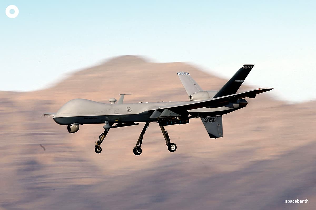 โดรน MQ-9 Reaper ของสหรัฐฯ ระหว่างภารกิจฝึกบินที่ฐานทัพอากาศครีชในรัฐเนวาดาเมื่อวันที่ 17 พ.ย. 2015 Photo by Isaac Brekken / GETTY IMAGES NORTH AMERICA / Getty Images via AFP