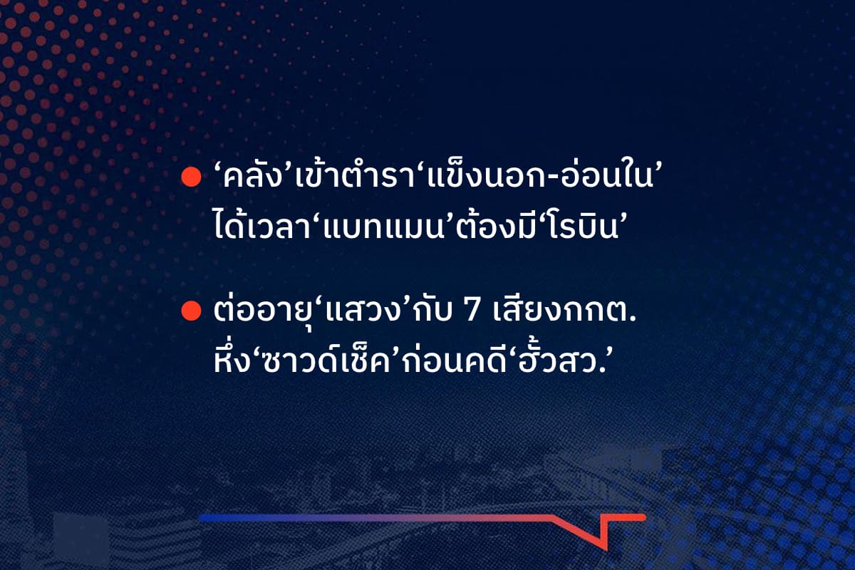 เรื่องมันมีอยู่ว่า ‘คลัง’เข้าตำรา‘แข็งนอก-อ่อนใน’ ได้เวลา‘แบทแมน’ต้องมี‘โรบิน’ , ต่ออายุ‘แสวง’กับ 7 เสียงกกต. หึ่ง‘ซาวด์เช็ค’ก่อนคดี‘ฮั้วสว.’