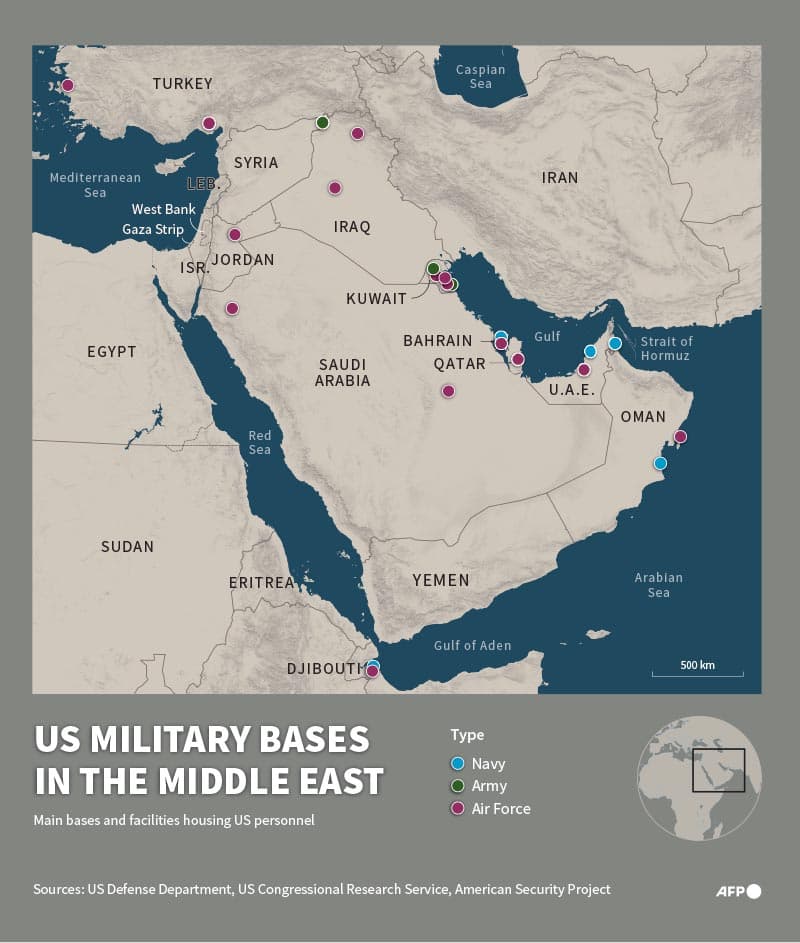 แผนที่แสดงที่ตั้งของฐานทัพและสิ่งอำนวยความสะดวกทางทหารหลักของสหรัฐฯ ในตะวันออกกลาง Infographic by AFP / Valentina BRESCHI
