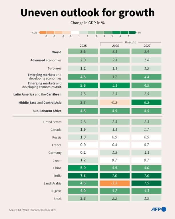 Infographic showing percentage GDP growth for selected economic zones and countries in 2025 and International Monetary Fund (IMF) forecasts for 2026 and 2027