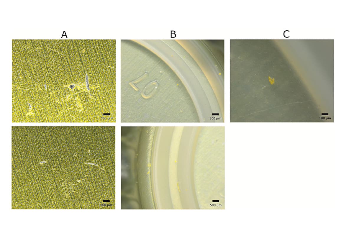 Observations of cracks onto the outer face of new capsules (column A) and observations of yellow particles onto the inner face of new capsules (column B& C).