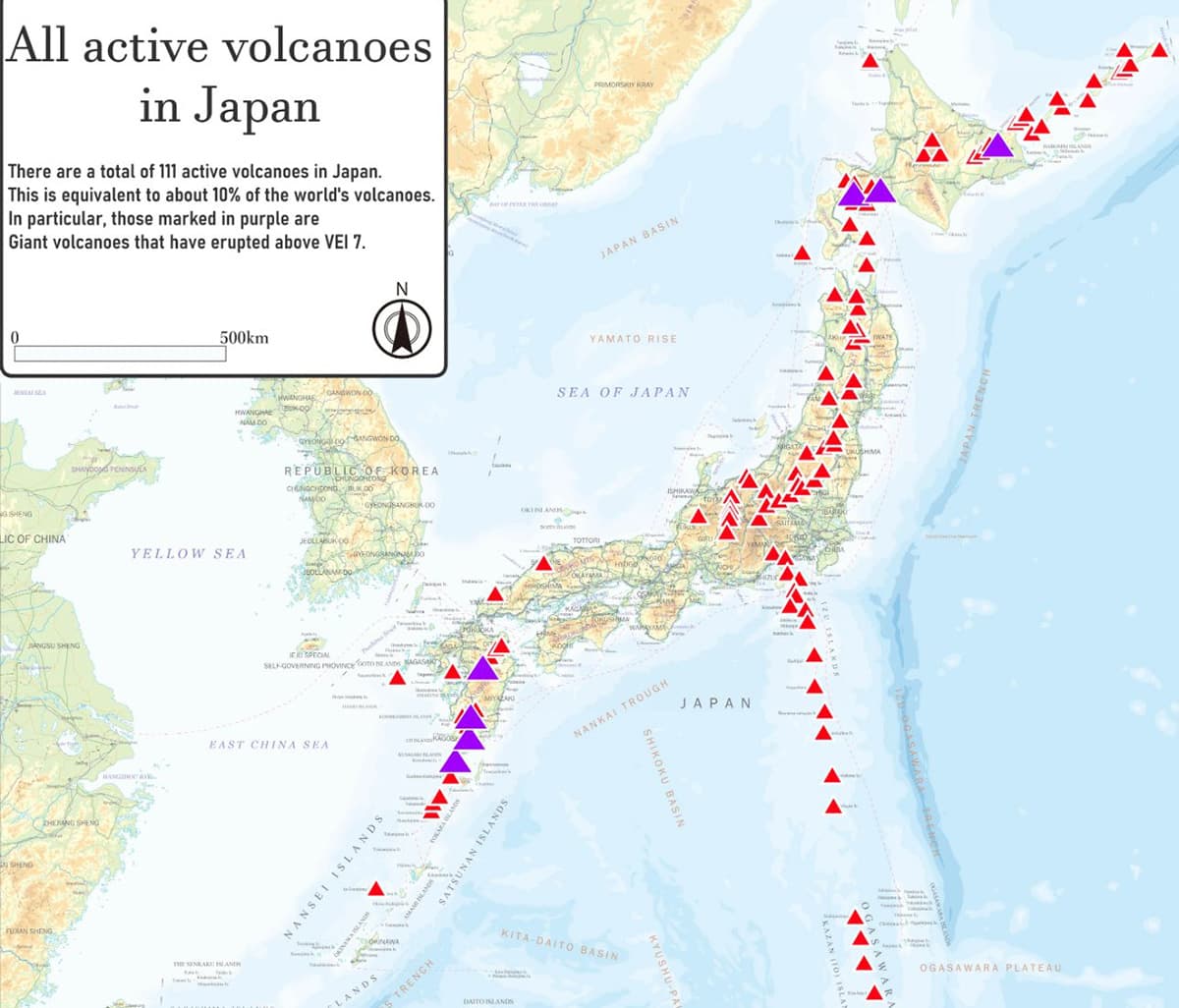ภูเขาไฟที่ยังแอคทีฟในญี่ปุ่นมากกว่า 100 ลูก ทั้งบนบกและในทะเล มีทั่วประเทศ จากโอกินาวาถึงฮอกไกโด สีม่วงคือลูกใหญ่ / ขอบคุณภาพจากเฟซบุ๊ก Thon Thamrongnawasawat