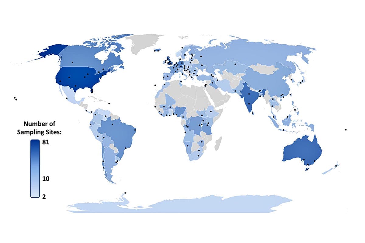 แผนที่แสดงตำแหน่งของแม่น้ำหรือลุ่มน้ำที่ใช้ในการศึกษา : Pharmaceutical pollution of the world’s rivers