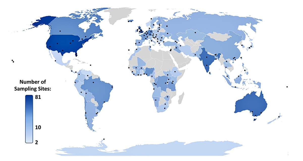 แผนที่แสดงตำแหน่งของแม่น้ำหรือลุ่มน้ำที่ใช้ในการศึกษา : Pharmaceutical pollution of the world’s rivers