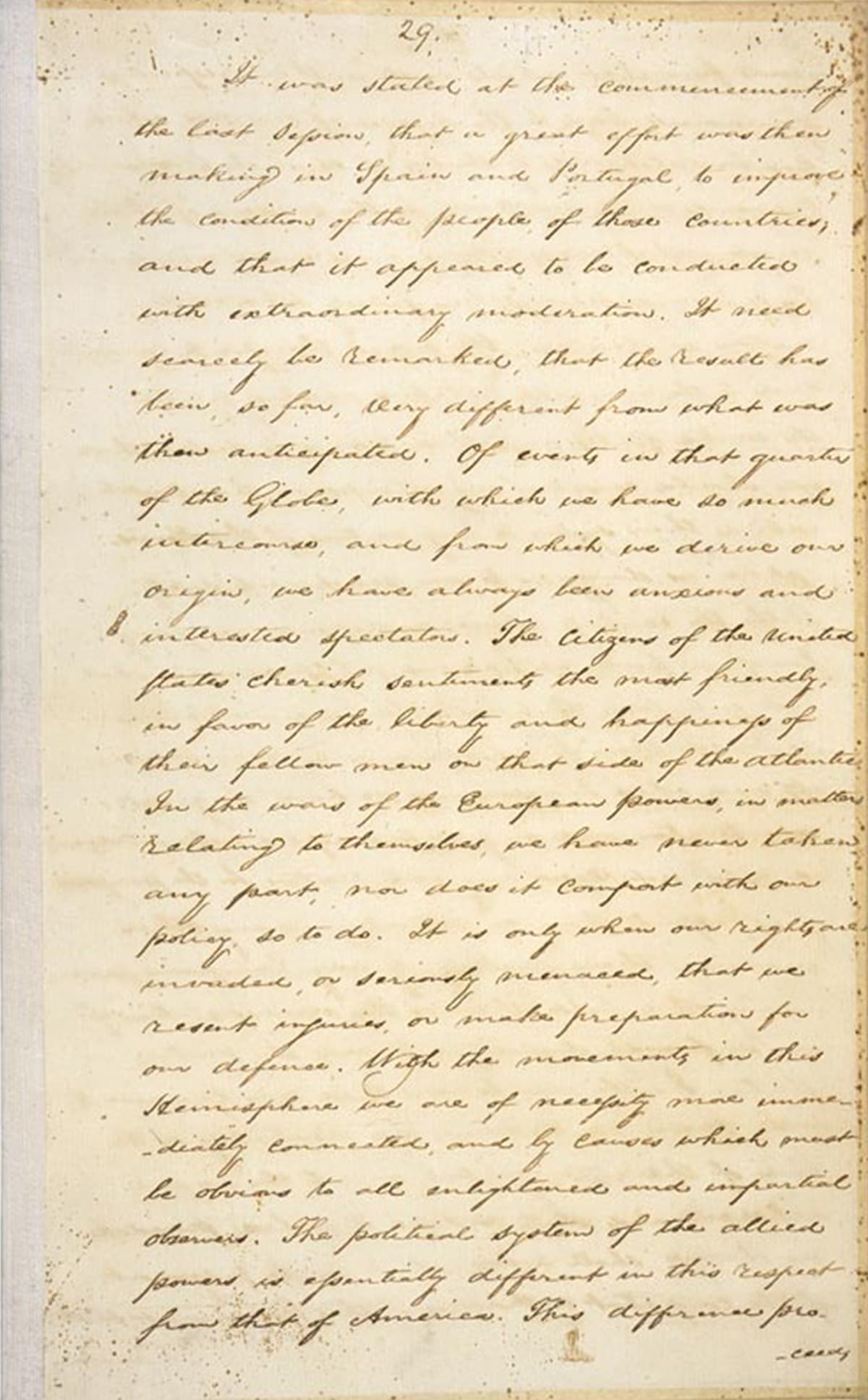 สารจากประธานาธิบดี เจมส์ มอนโร ในการเปิดการประชุมสมัยแรกของรัฐสภาชุดที่ 18 (หลักการมอนโร) 12/02/1823 Photo by National Archives