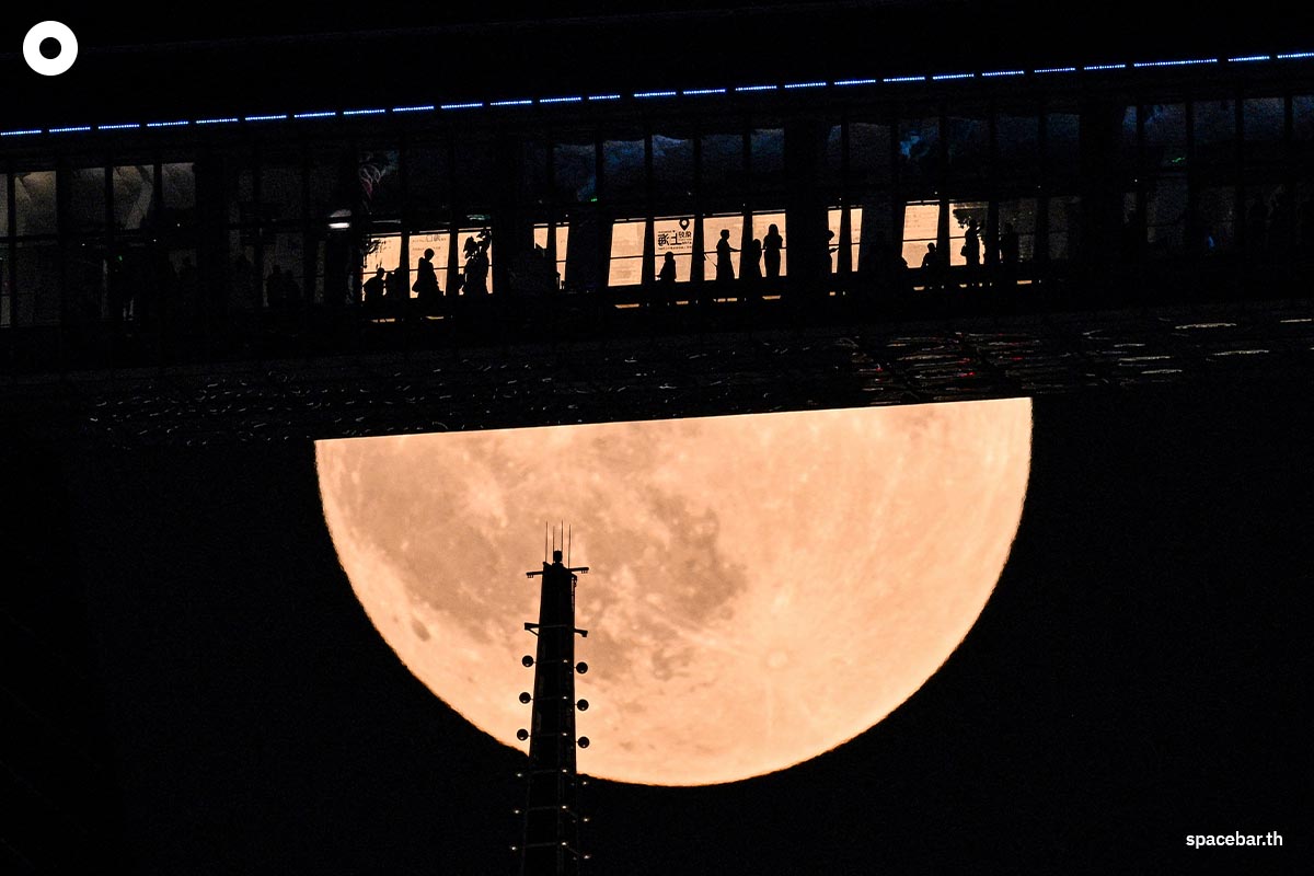 PhotoStory-จันทรุปราคาปรากฏเหนืออาคาร Shanghai World Financial Centre ในย่านการเงินของลู่เจียจุ่ยในเซี่ยงไฮ้ Photo by Hector RETAMAL / AFP