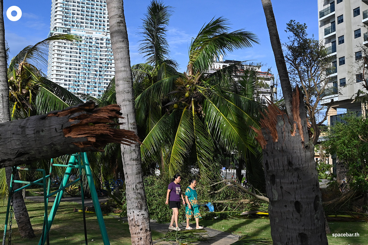 PhotoStory-   หญิง 2 คนเดินผ่านซากปรักหักพังและต้นไม้หักโค่นบริเวณพื้นที่ชายฝั่งหาดกวีเญิน จังหวัดซาลาย ทางตอนกลางของเวียดนาม เมื่อวันที่ 7 พฤศจิกายน 2025 หลังจากพายุไต้ฝุ่นคัลแมกีพัดถล่มพื้นที่ดังกล่าว (Photo by NHAC NGUYEN / AFP)   